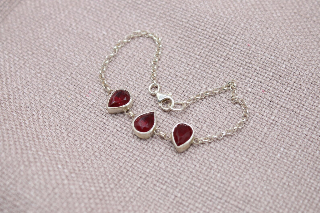 Ruby Teardrop Sterling Silver Bracelet Handmade Gemstone Chain Bracelet
