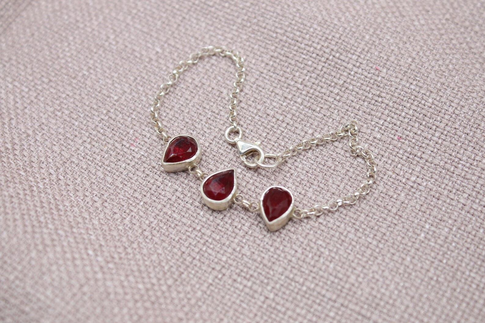 Ruby Teardrop Sterling Silver Bracelet Handmade Gemstone Chain Bracelet