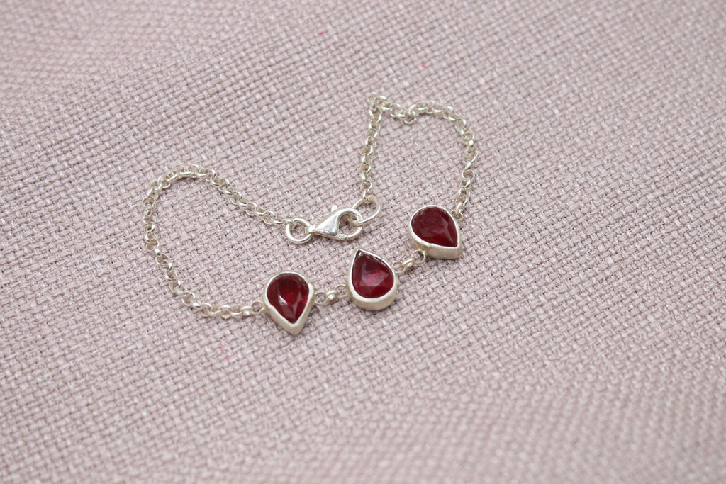 Ruby Teardrop Sterling Silver Bracelet Handmade Gemstone Chain Bracelet
