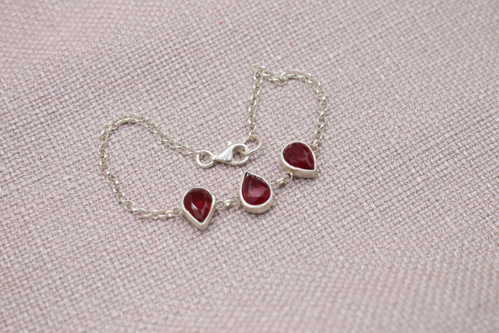 Ruby Teardrop Sterling Silver Bracelet Handmade Gemstone Chain Bracelet