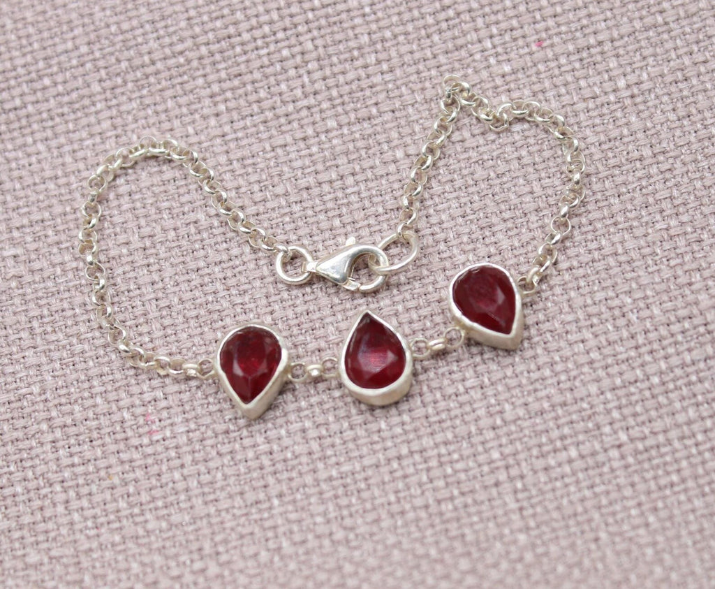 Ruby Teardrop Sterling Silver Bracelet Handmade Gemstone Chain Bracelet