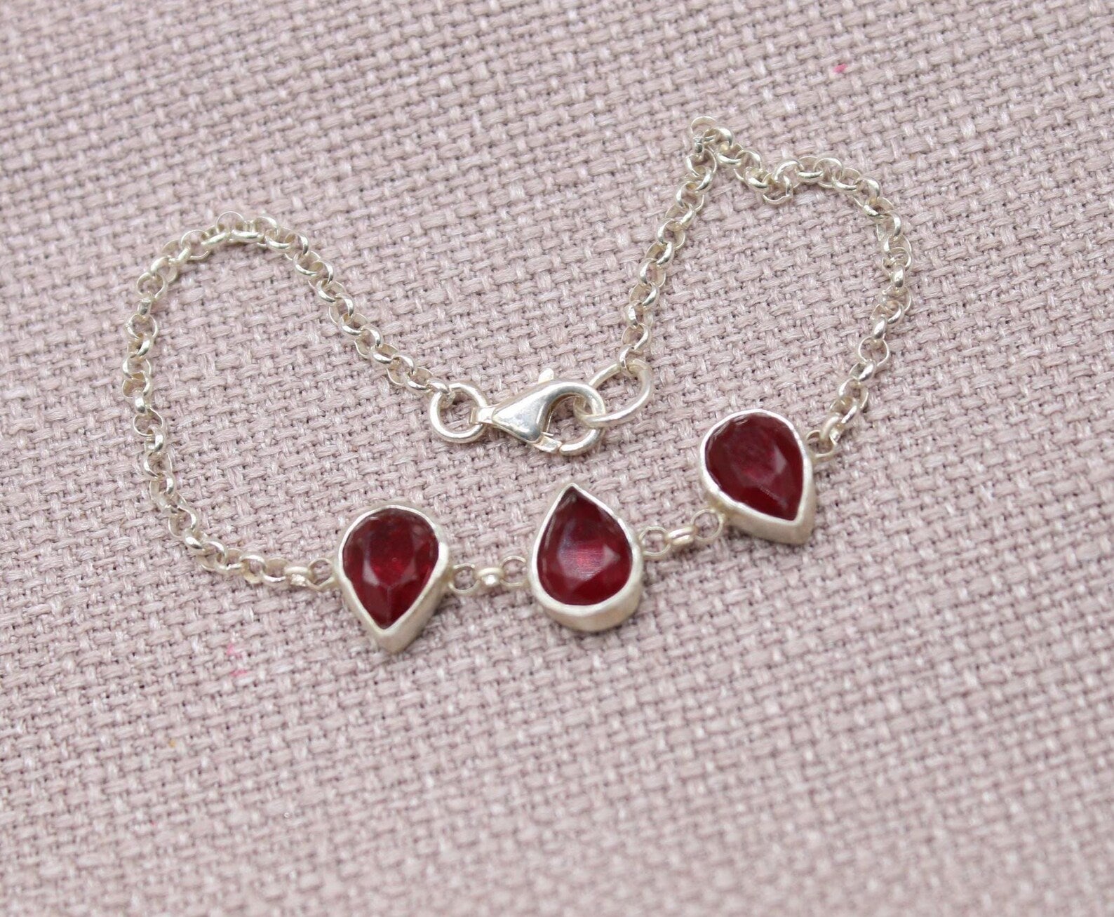 Ruby Teardrop Sterling Silver Bracelet Handmade Gemstone Chain Bracelet