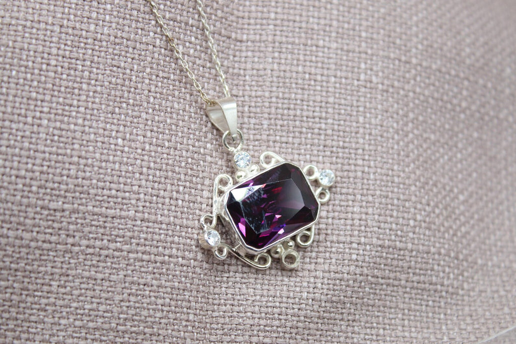 Amethyst Statement Pendant Necklace Sterling Silver Handmade Vintage Style Jewelry