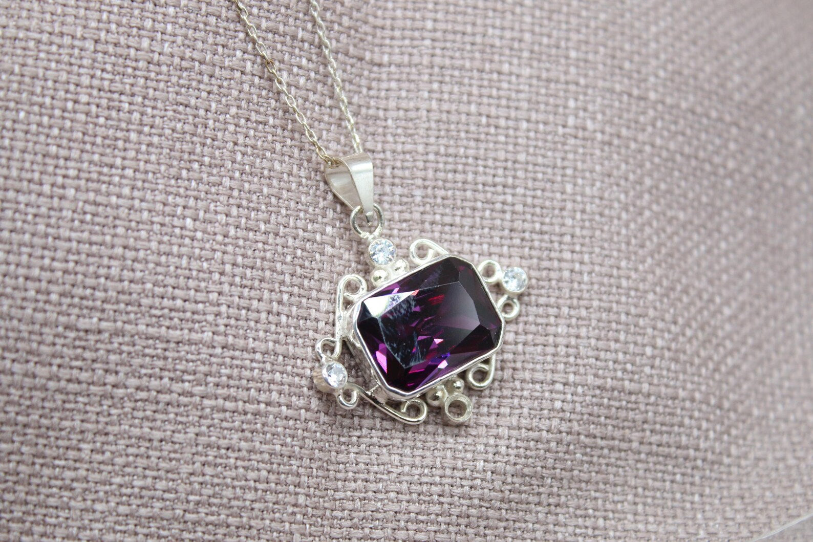 Amethyst Statement Pendant Necklace Sterling Silver Handmade Vintage Style Jewelry