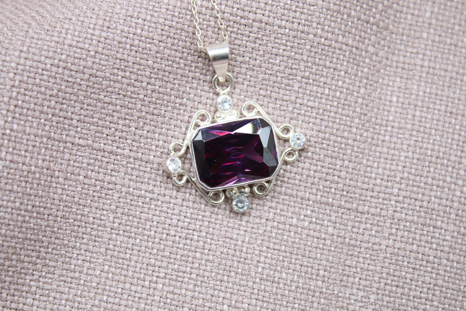 Amethyst Statement Pendant Necklace Sterling Silver Handmade Vintage Style Jewelry