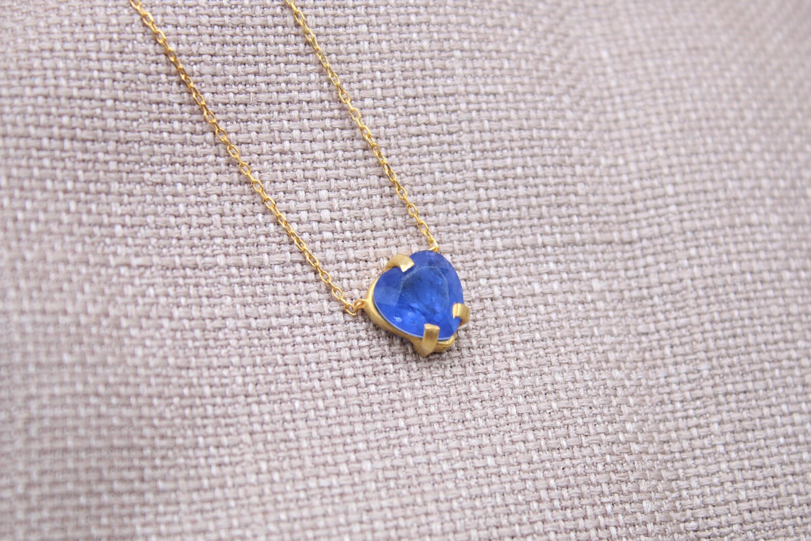 Blue Sapphire Heart Necklace Gold Plated Sterling Silver Handmade Pendant