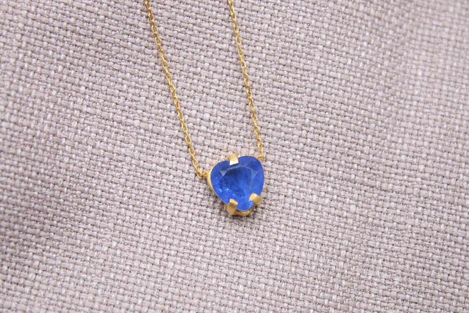 Blue Sapphire Heart Necklace Gold Plated Sterling Silver Handmade Pendant