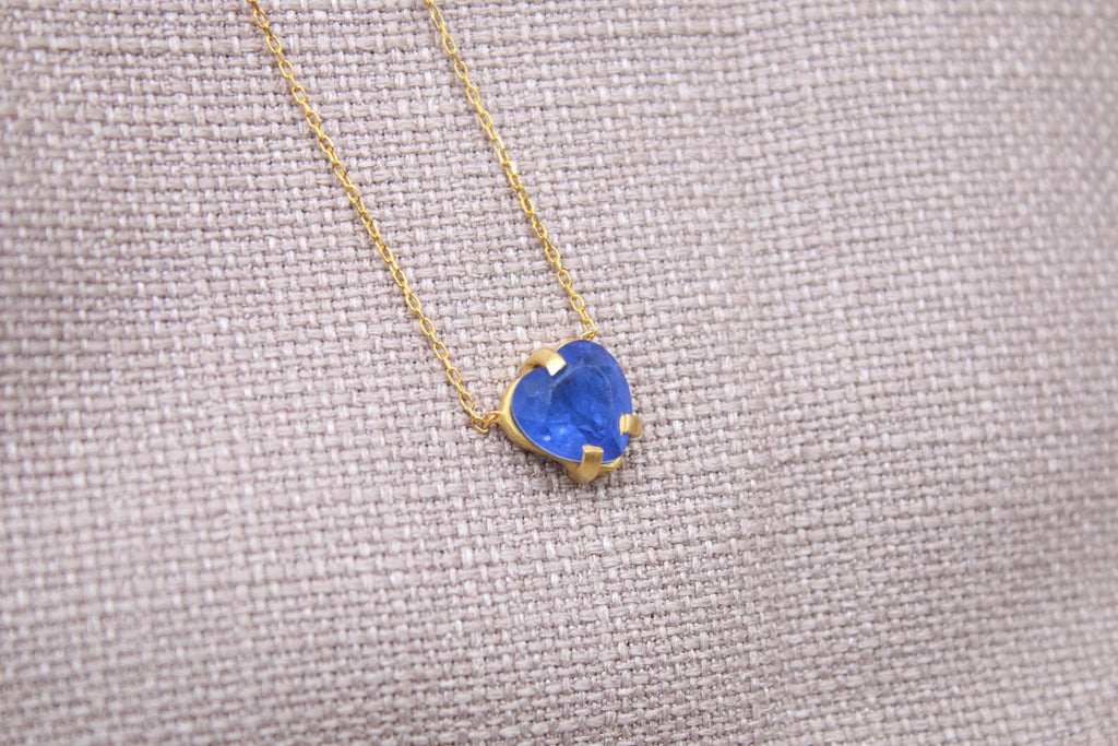Blue Sapphire Heart Necklace Gold Plated Sterling Silver Handmade Pendant