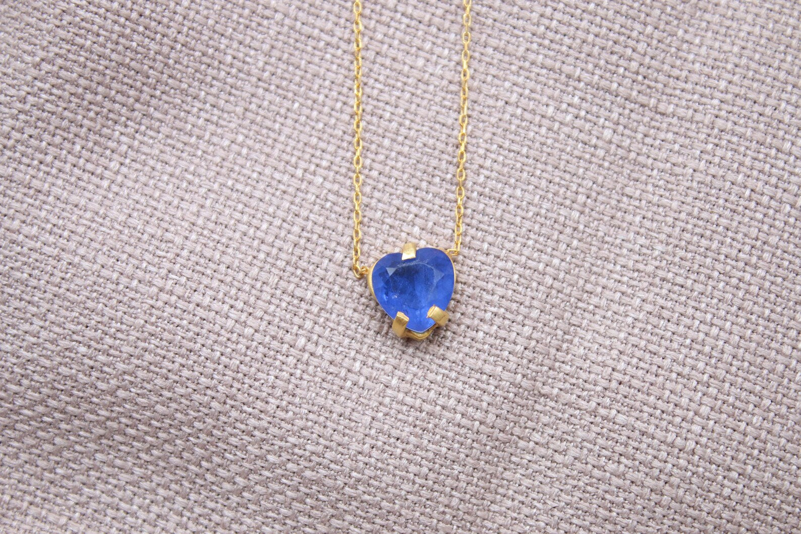 Blue Sapphire Heart Necklace Gold Plated Sterling Silver Handmade Pendant