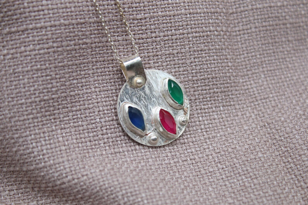 Ruby Emerald Sapphire Necklace, Handmade 925 Sterling Silver Lucy Necklace, Colorful Gemstone Pendant, Minimalist Silver Necklace