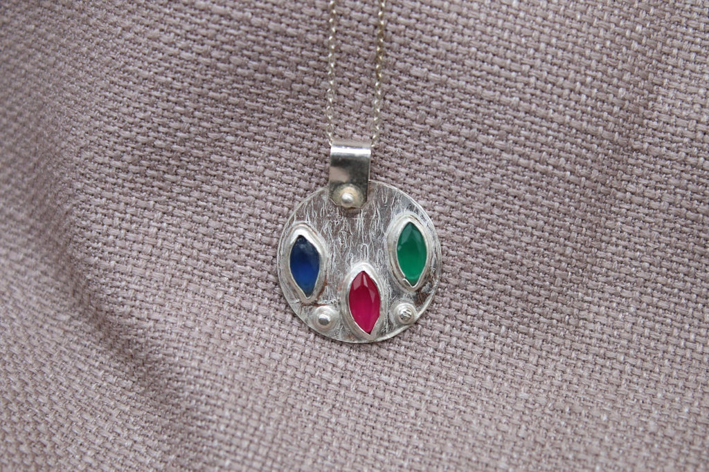 Ruby Emerald Sapphire Necklace, Handmade 925 Sterling Silver Lucy Necklace, Colorful Gemstone Pendant, Minimalist Silver Necklace