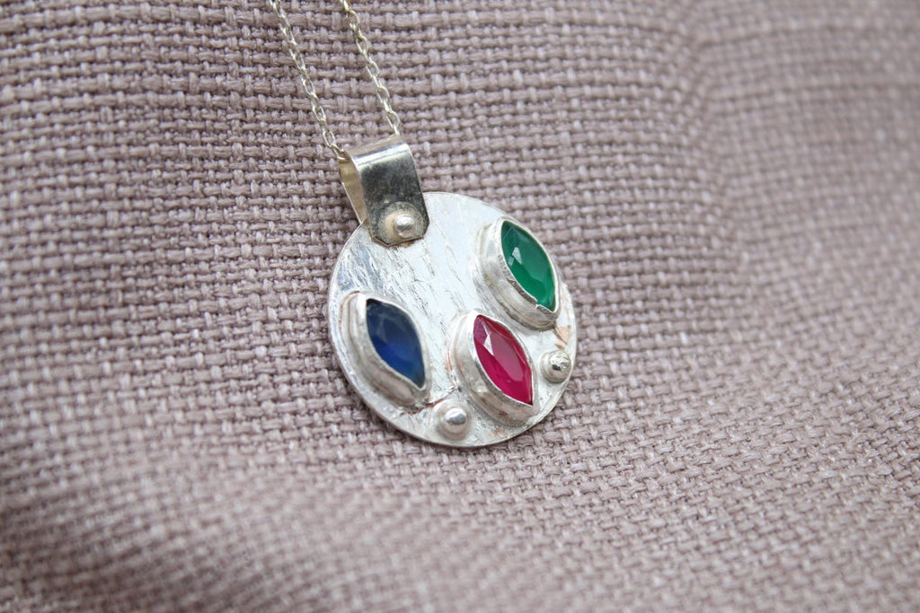 Ruby Emerald Sapphire Necklace, Handmade 925 Sterling Silver Lucy Necklace, Colorful Gemstone Pendant, Minimalist Silver Necklace