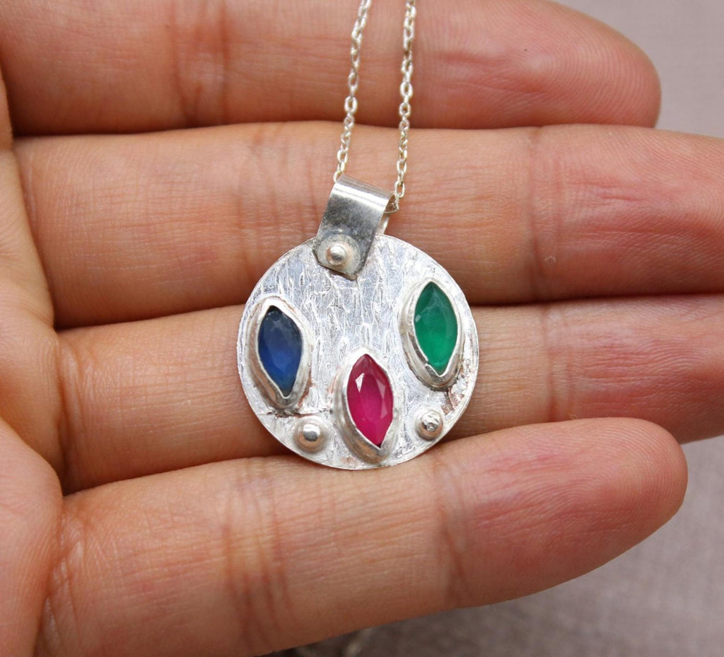 Ruby Emerald Sapphire Necklace, Handmade 925 Sterling Silver Lucy Necklace, Colorful Gemstone Pendant, Minimalist Silver Necklace