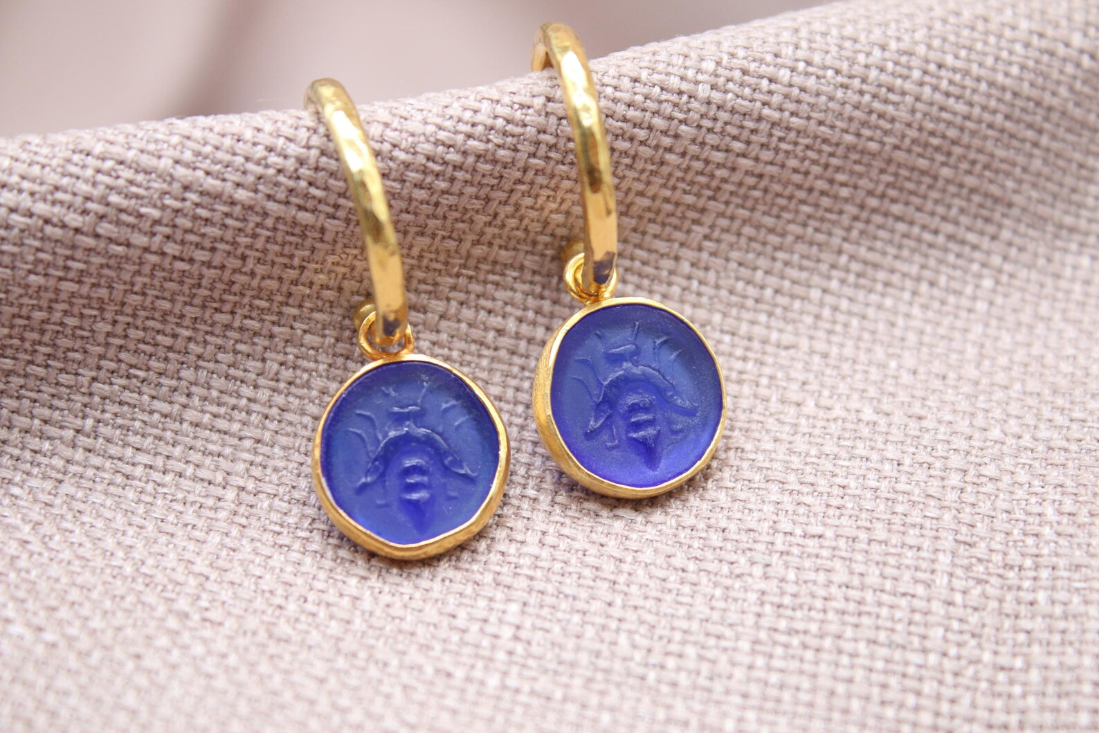 Blue Bee Coin Hoop Earrings Gold Plated Sterling Silver Dangle Earrings