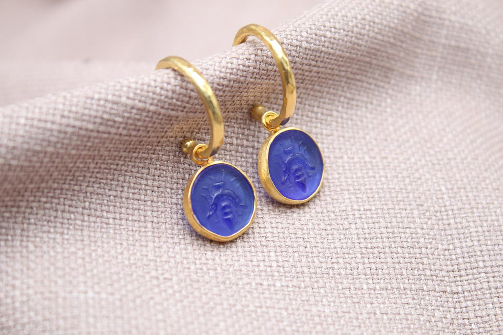 Blue Bee Coin Hoop Earrings Gold Plated Sterling Silver Dangle Earrings