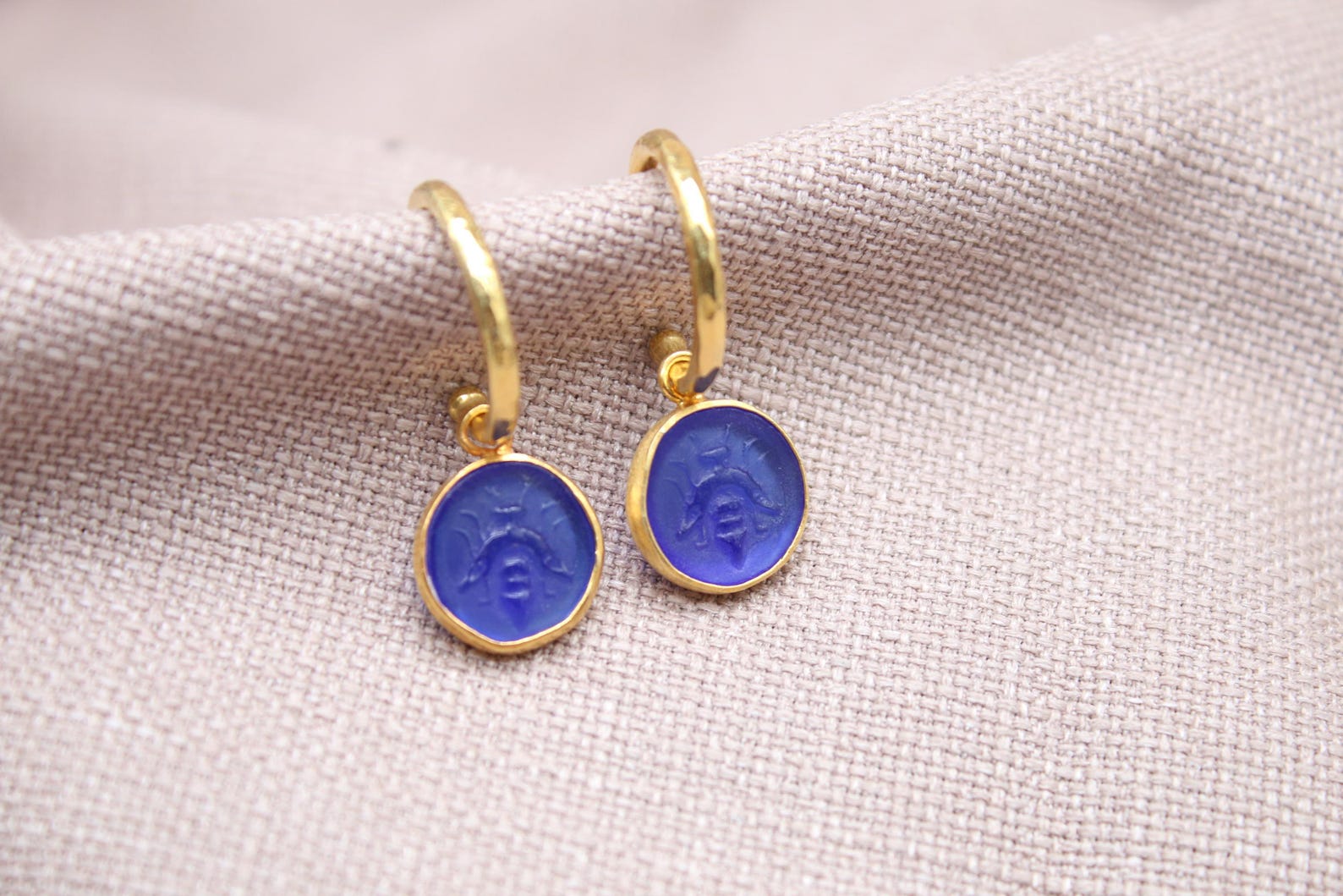 Blue Bee Coin Hoop Earrings Gold Plated Sterling Silver Dangle Earrings