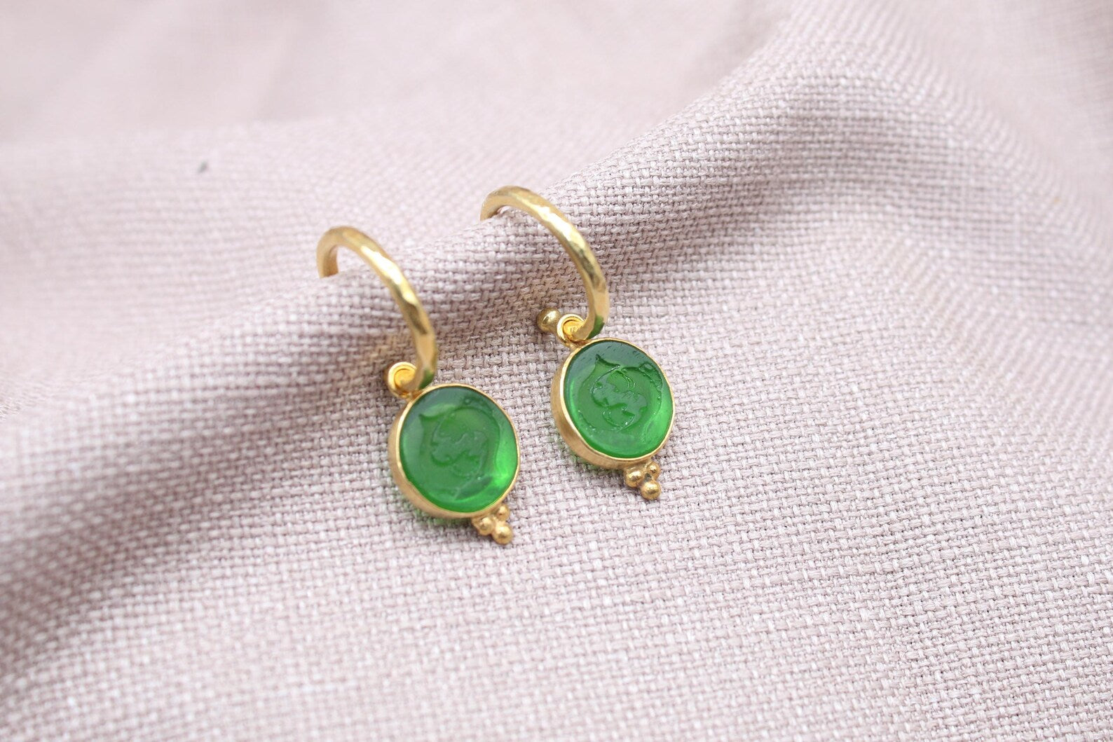 Green Pisces Zodiac Dangle Earrings Gold Plated Sterling Silver Hoops