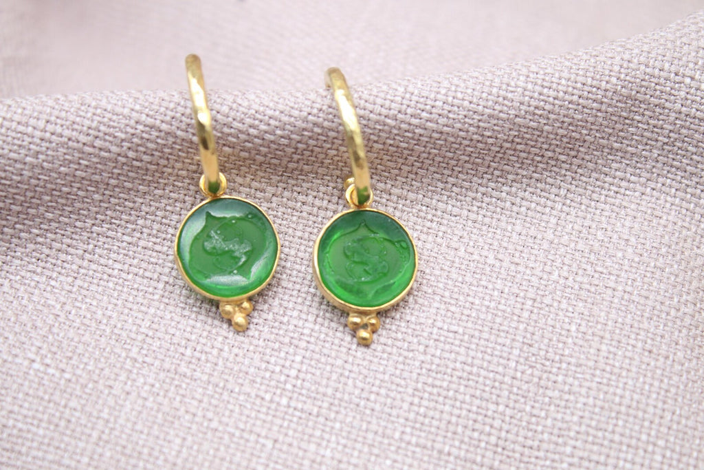 Green Pisces Zodiac Dangle Earrings Gold Plated Sterling Silver Hoops
