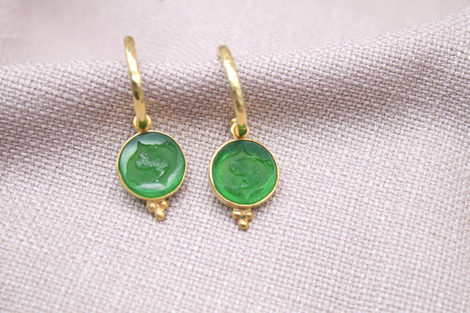Green Pisces Zodiac Dangle Earrings Gold Plated Sterling Silver Hoops
