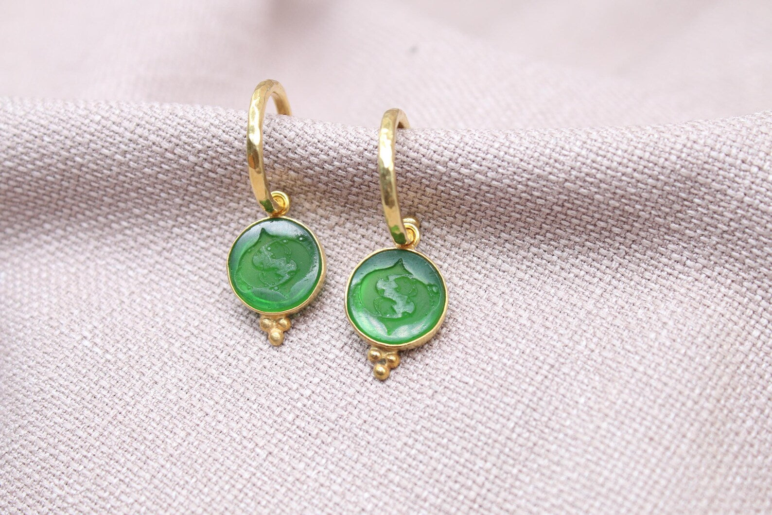 Green Pisces Zodiac Dangle Earrings Gold Plated Sterling Silver Hoops
