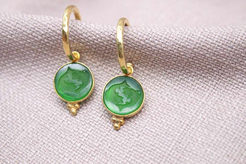 Green Pisces Zodiac Dangle Earrings Gold Plated Sterling Silver Hoops