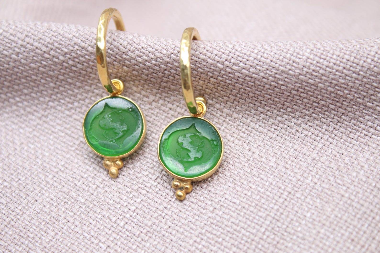Green Pisces Zodiac Dangle Earrings Gold Plated Sterling Silver Hoops