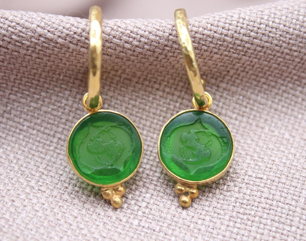 Green Pisces Zodiac Dangle Earrings Gold Plated Sterling Silver Hoops