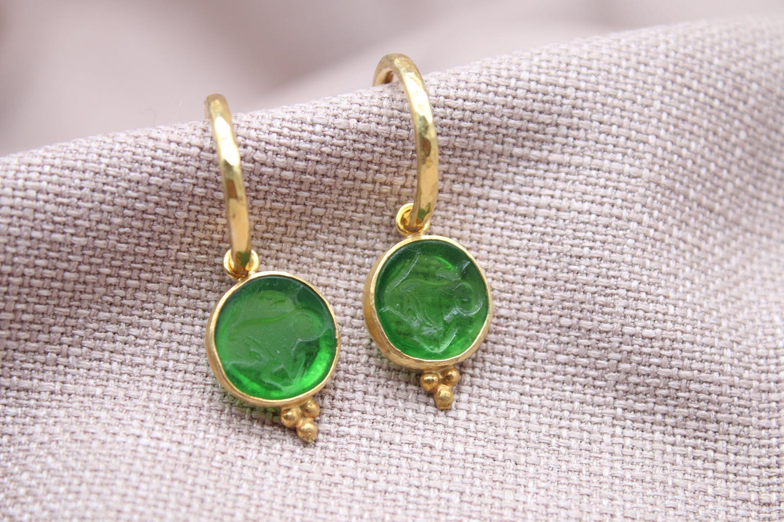 Green Capricorn Earrings 22K Gold Plated 925 Sterling Silver Hoops