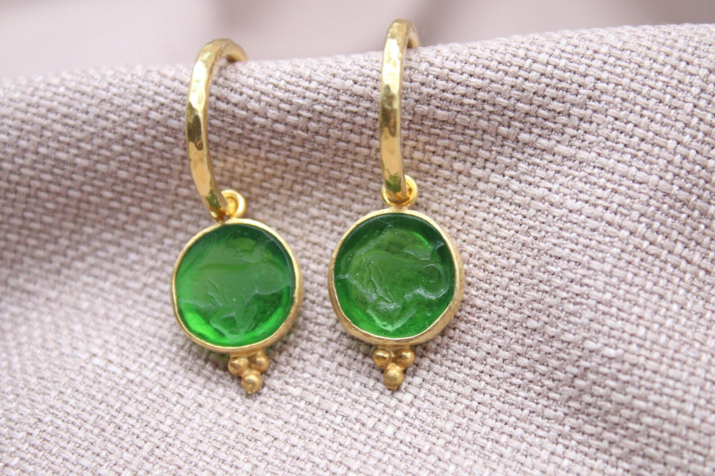 Green Capricorn Earrings 22K Gold Plated 925 Sterling Silver Hoops