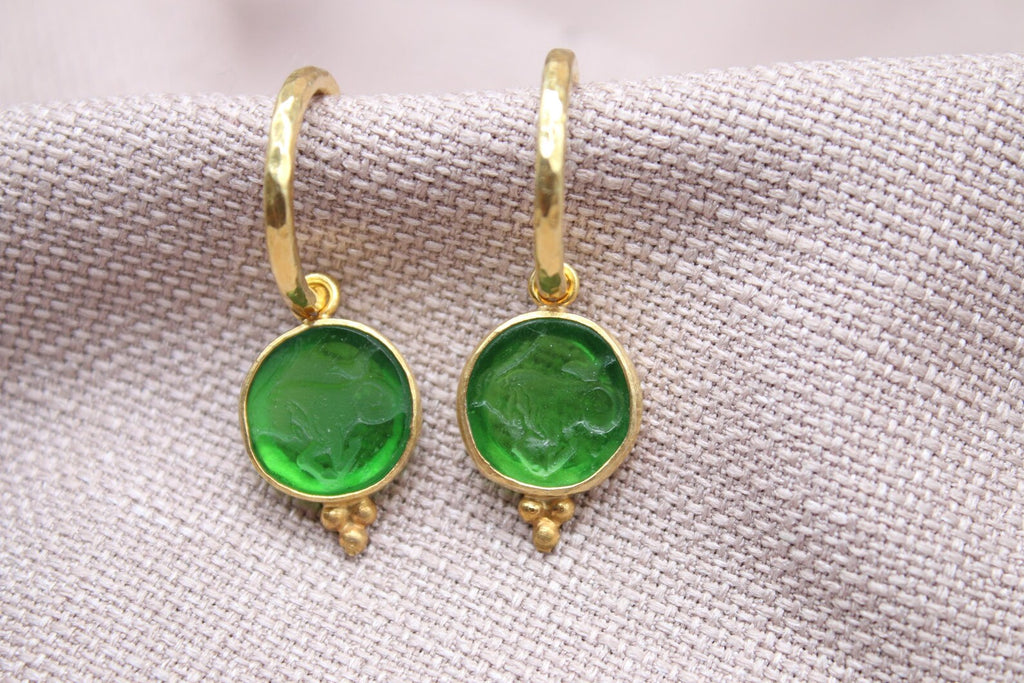Green Capricorn Earrings 22K Gold Plated 925 Sterling Silver Hoops