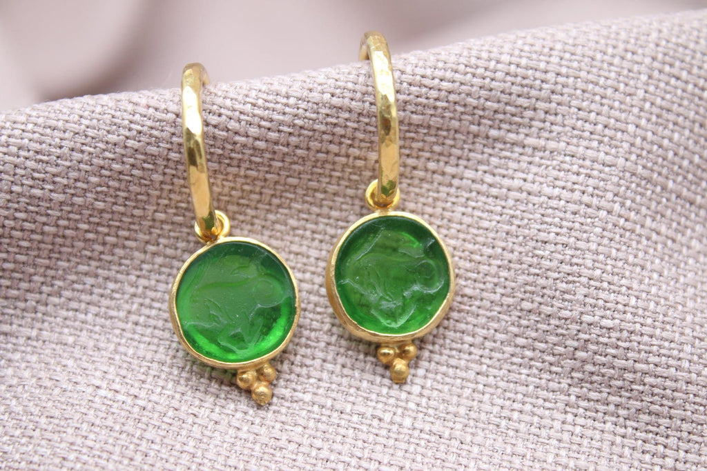 Green Capricorn Earrings 22K Gold Plated 925 Sterling Silver Hoops