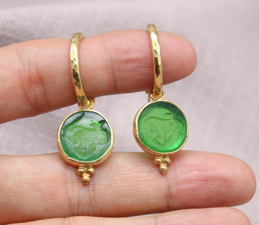 Green Capricorn Earrings 22K Gold Plated 925 Sterling Silver Hoops