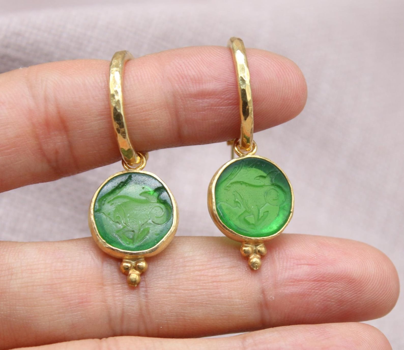 Green Capricorn Earrings 22K Gold Plated 925 Sterling Silver Hoops