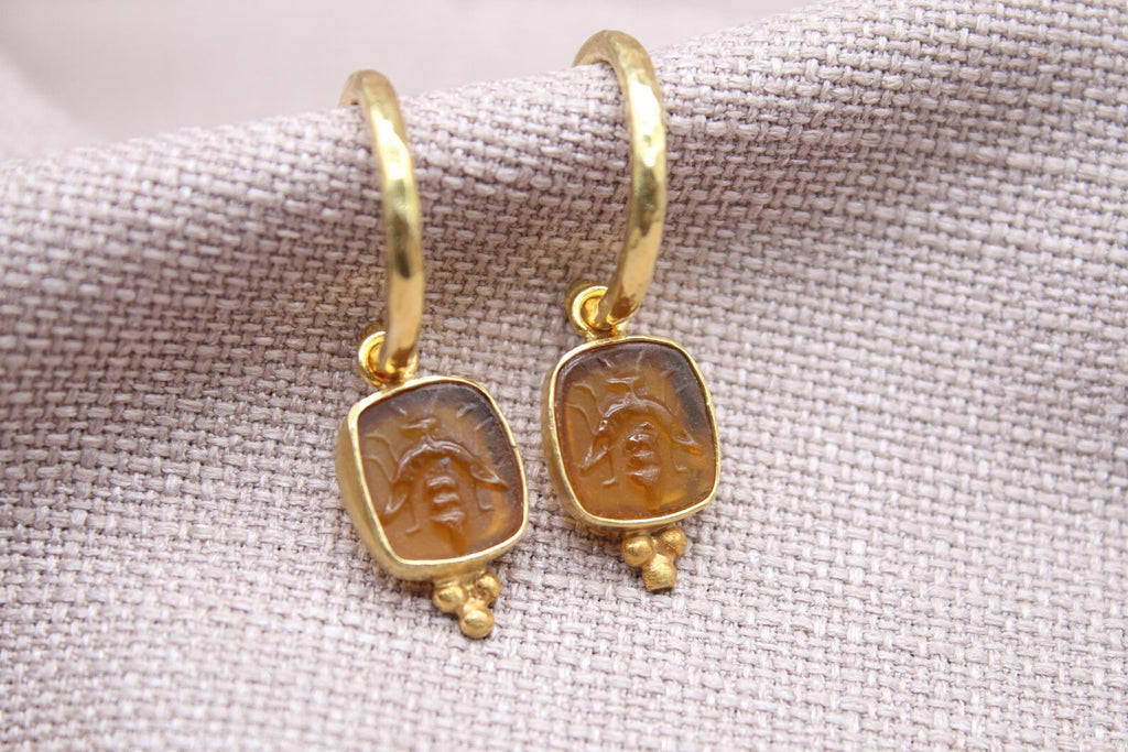 Amber Bee Earrings 22K Gold Plated 925 Sterling Silver Hoops