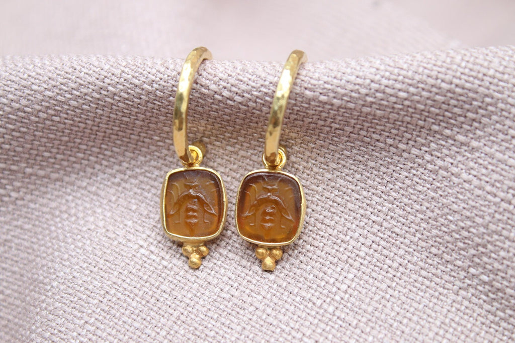 Amber Bee Earrings 22K Gold Plated 925 Sterling Silver Hoops