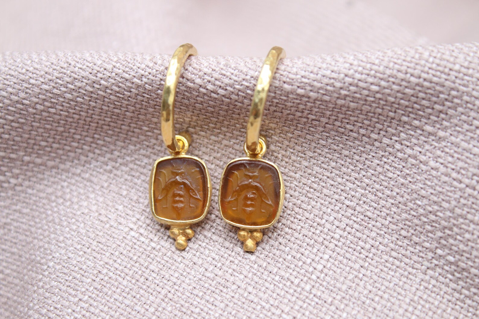 Amber Bee Earrings 22K Gold Plated 925 Sterling Silver Hoops