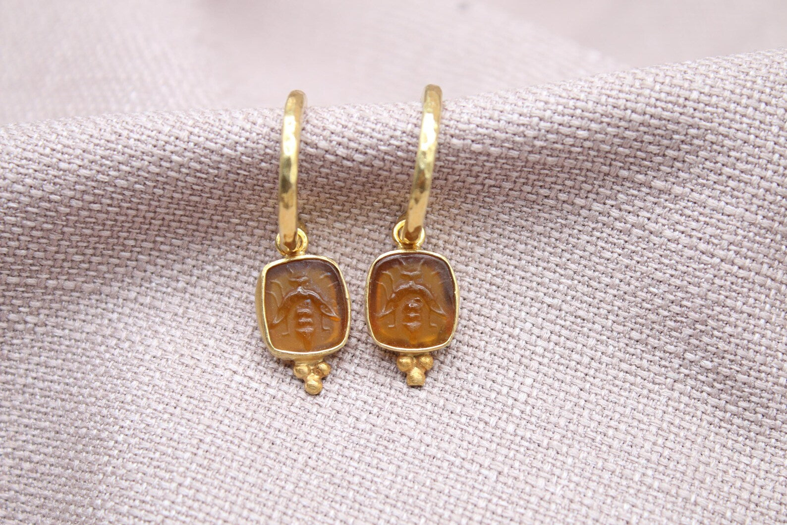 Amber Bee Earrings 22K Gold Plated 925 Sterling Silver Hoops