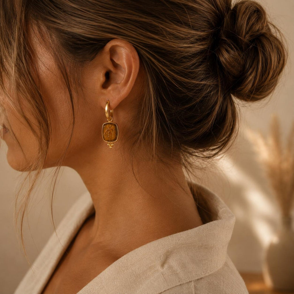 Amber Bee Earrings 22K Gold Plated 925 Sterling Silver Hoops