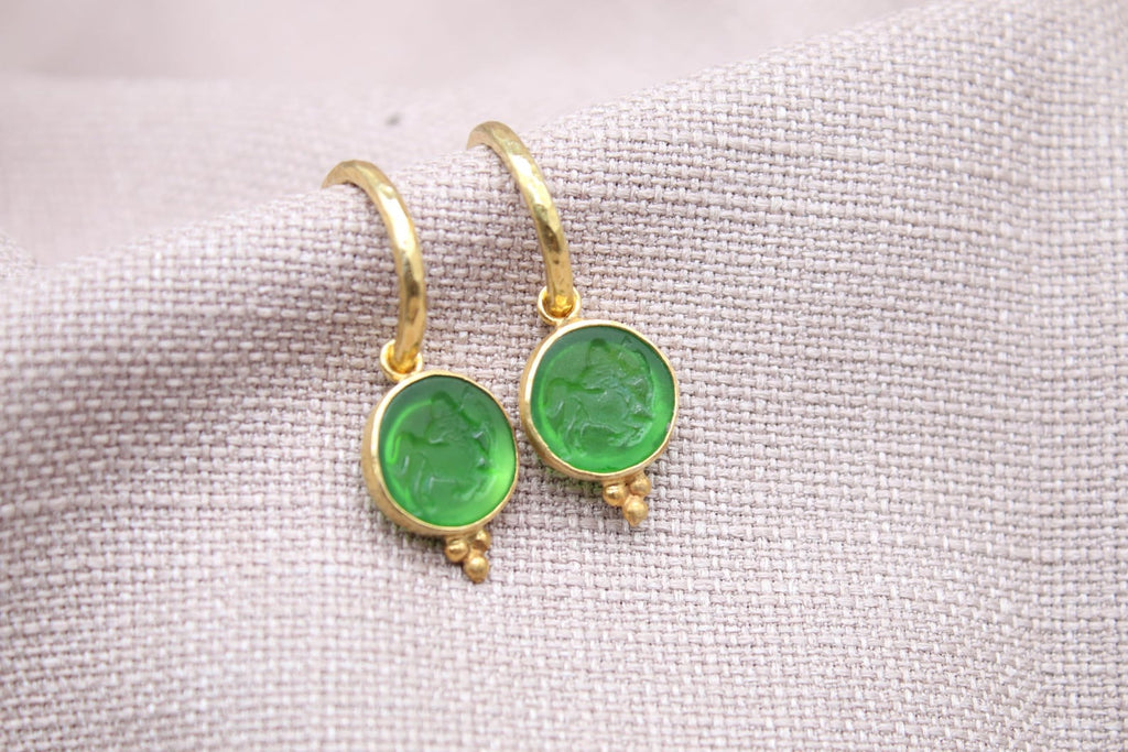 Sagittarius Green Glass Dangle Earrings in 22K Gold Plated Sterling Silver