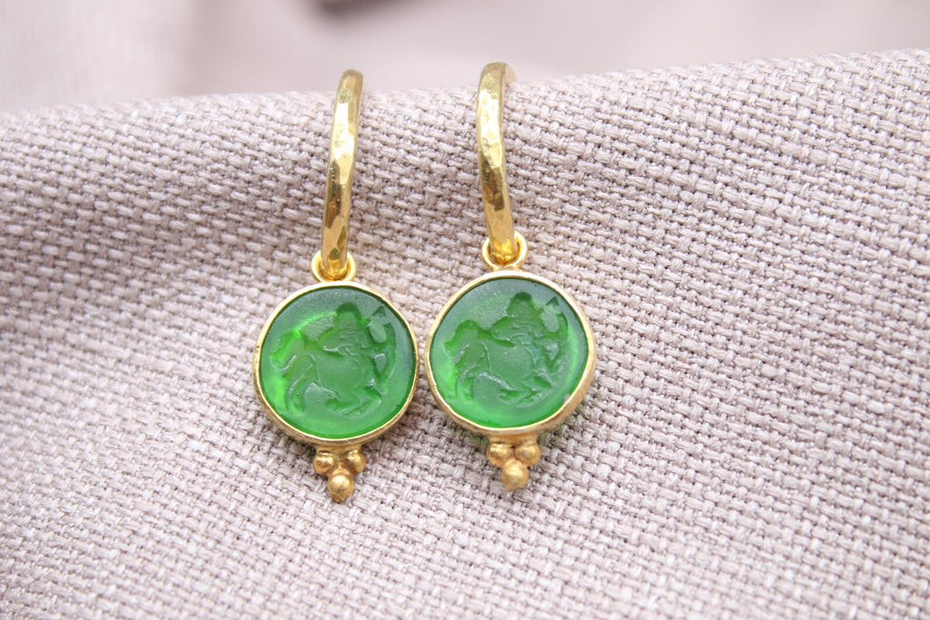 Sagittarius Green Glass Dangle Earrings in 22K Gold Plated Sterling Silver