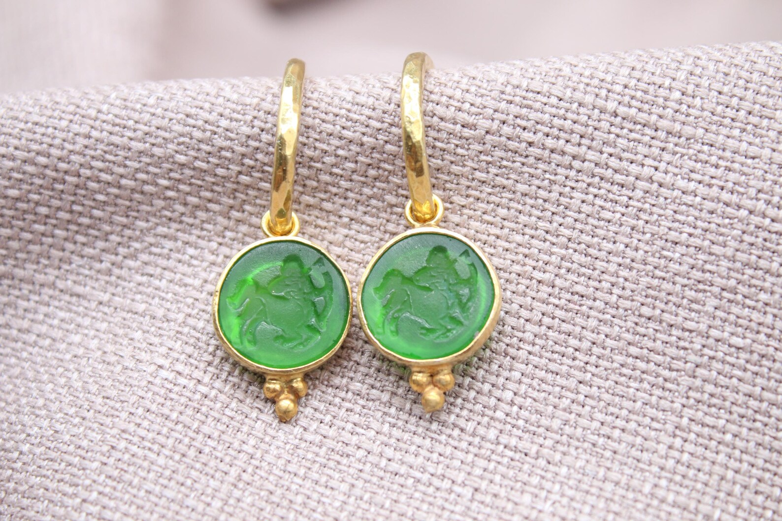 Sagittarius Green Glass Dangle Earrings in 22K Gold Plated Sterling Silver