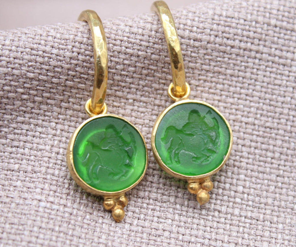 Sagittarius Green Glass Dangle Earrings in 22K Gold Plated Sterling Silver