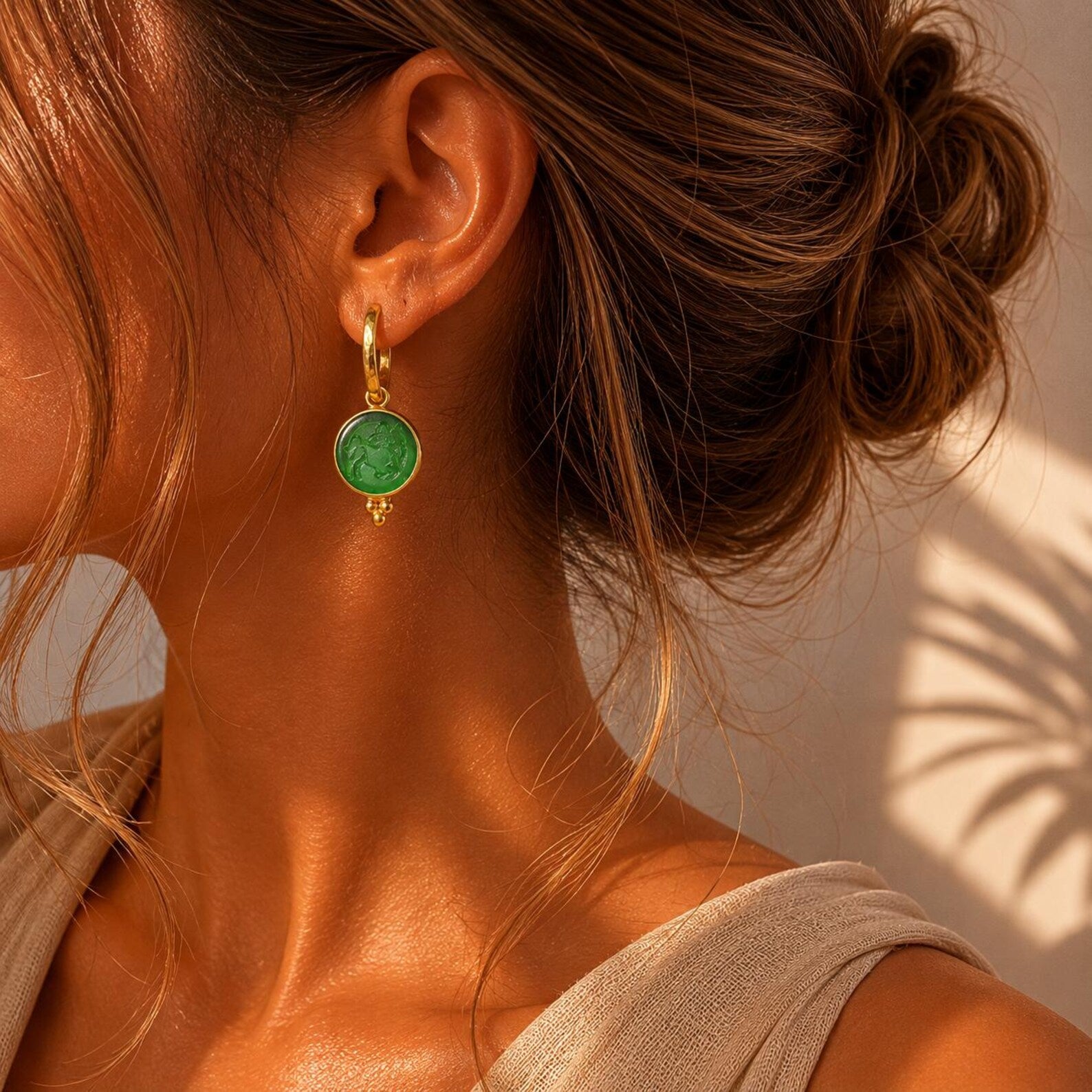 Sagittarius Green Glass Dangle Earrings in 22K Gold Plated Sterling Silver