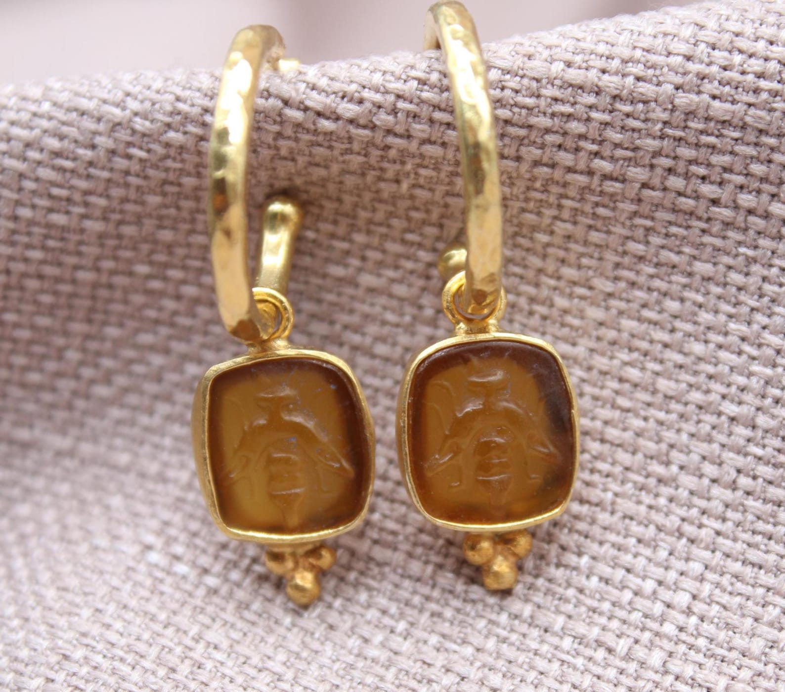 Amber Bee Earrings 22K Gold Plated 925 Sterling Silver Hoops