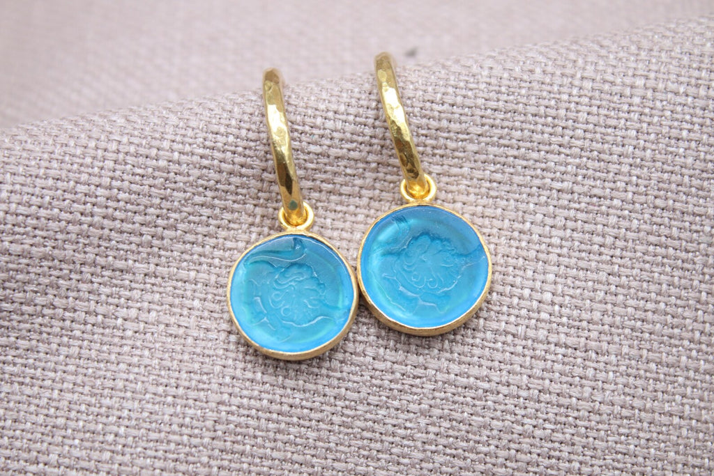 Leo Blue Glass Dangle Earrings in 22K Gold Plated Sterling Silver