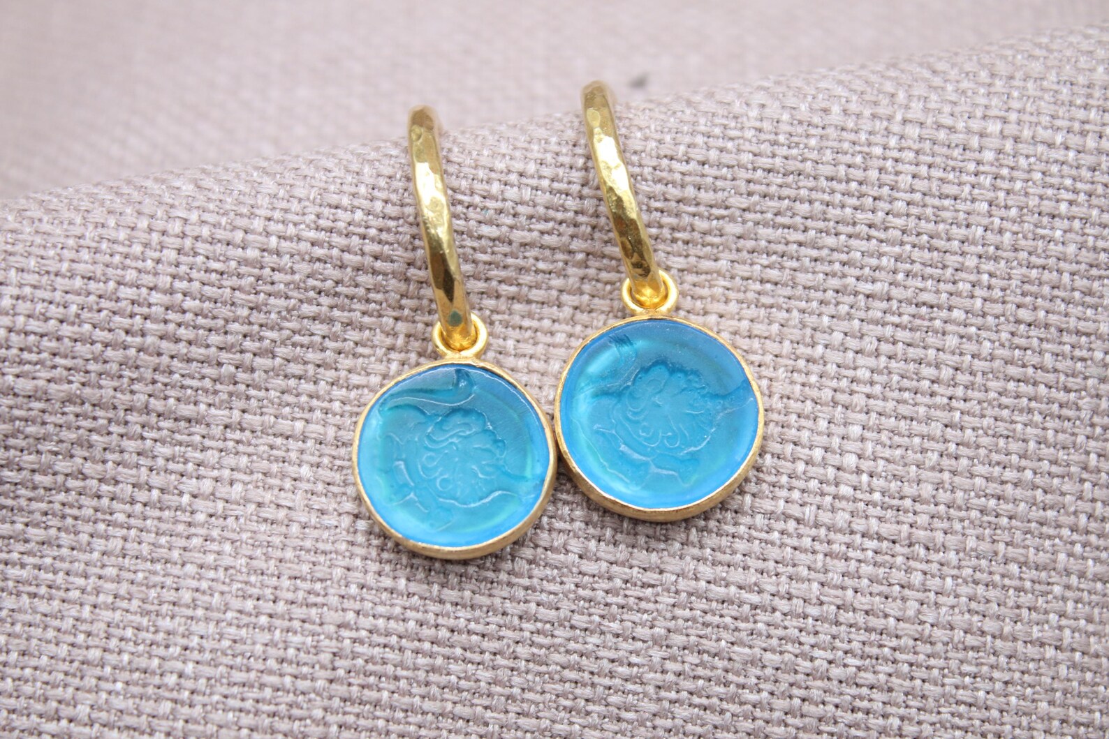 Leo Blue Glass Dangle Earrings in 22K Gold Plated Sterling Silver