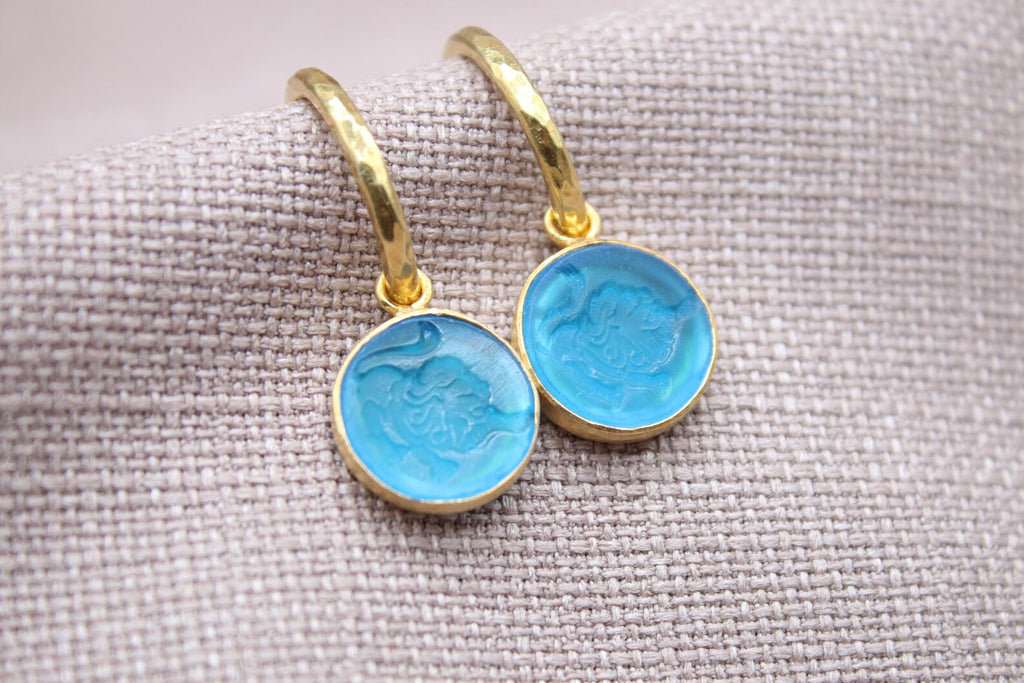 Leo Blue Glass Dangle Earrings in 22K Gold Plated Sterling Silver