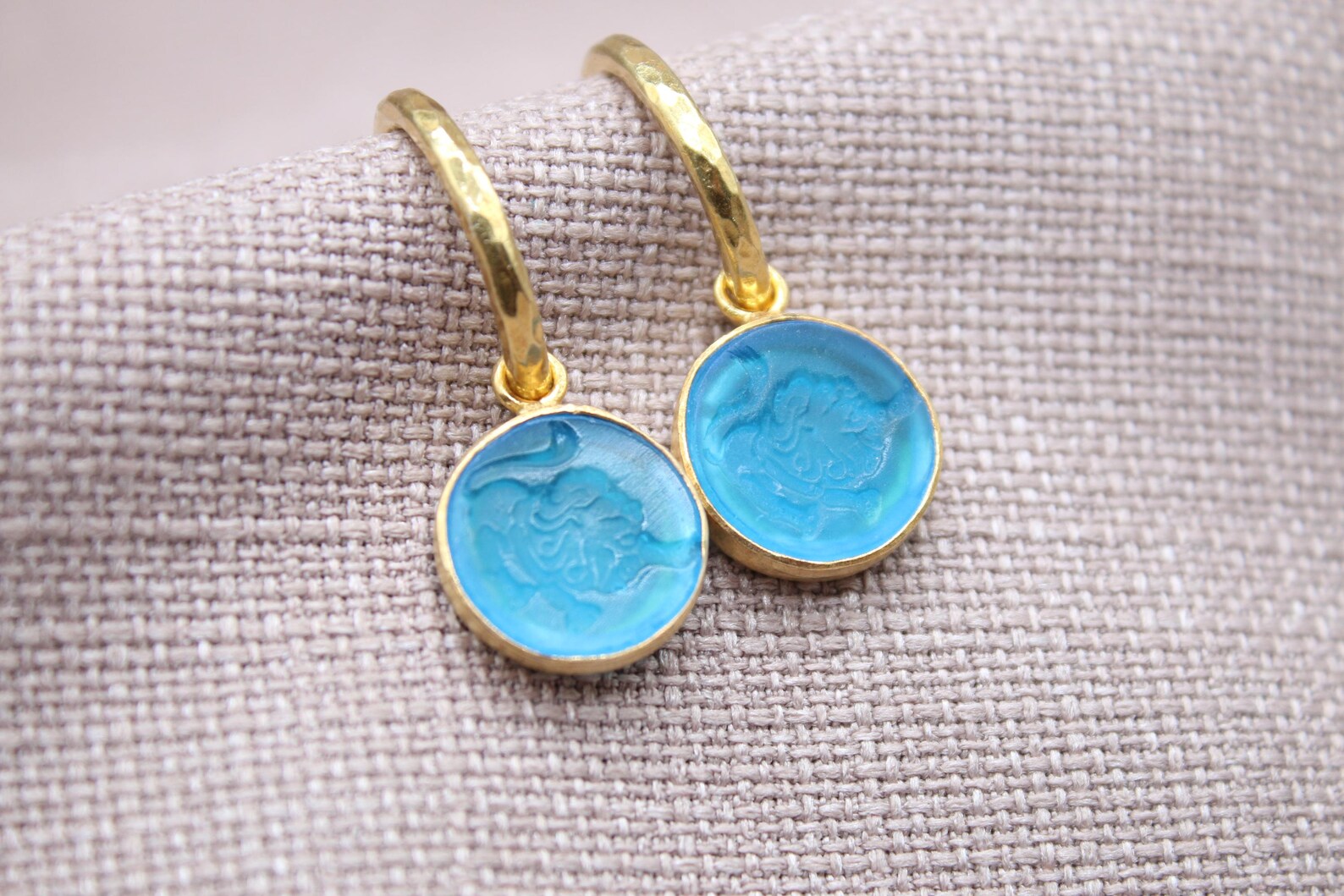 Leo Blue Glass Dangle Earrings in 22K Gold Plated Sterling Silver