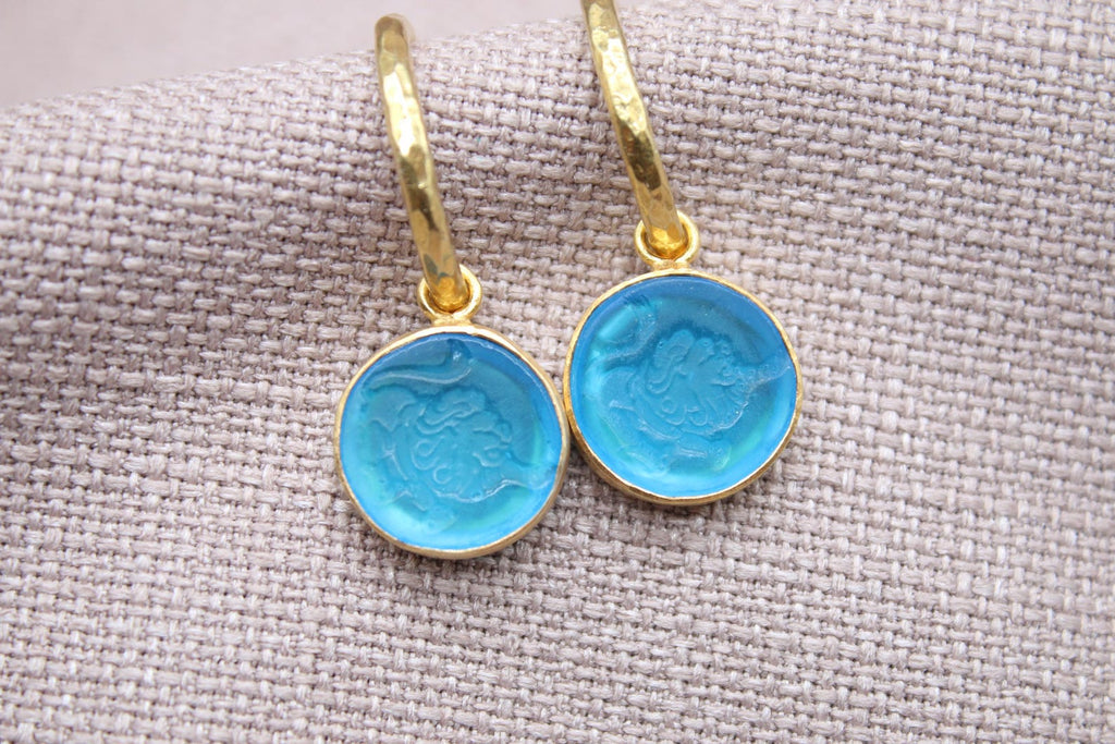 Leo Blue Glass Dangle Earrings in 22K Gold Plated Sterling Silver