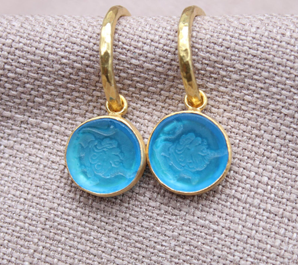 Leo Blue Glass Dangle Earrings in 22K Gold Plated Sterling Silver